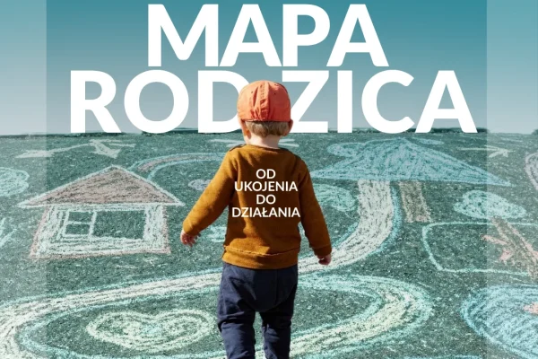 Dziecko kroczące po rysunkach kredą na asfalcie — plakat warsztatu Mapa Rodzica, + Pogłębiarka, Łódź 2026, pion