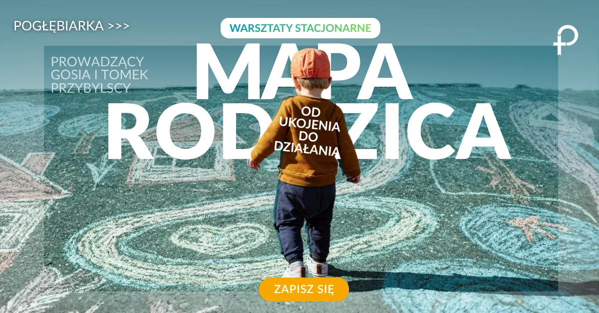 Dziecko kroczące po rysunkach kredą na asfalcie — plakat warsztatu Mapa Rodzica, + Pogłębiarka, Łódź 2026, poziomy
